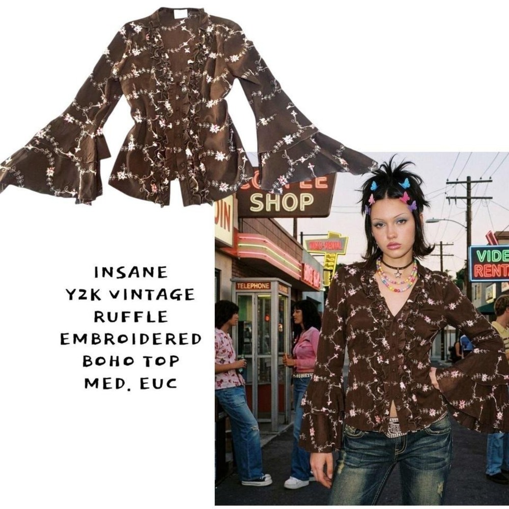RARE BROWN EMBROIDERED RUFFLE Y2K CANDA WHIMSIGOTH BOHO‎ BLOUSE 8